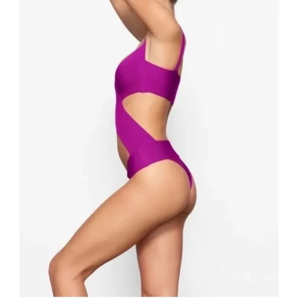 SKIMS Knit Swim Monokini Cutout One Piece Swimsuit Purple Sexy Plus Size 3X NWT